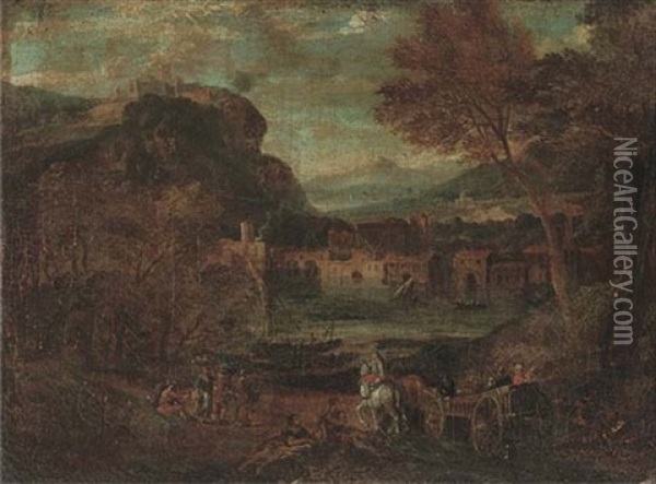 A Wooded River Landscape With With Travellers On A Track, Fisherman And Classical Buildings Beyond (+ Another, Similar; 2 Works) Oil Painting - Jan Baptist Huysmans