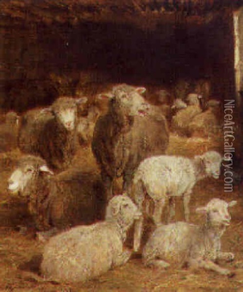 Sheep And Lambs In A Barn Oil Painting - Albert Heinrich Brendel