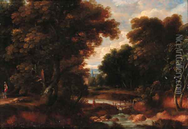 A wooded river landscape with figures on a track, a church beyond Oil Painting - Jacques d' Arthois