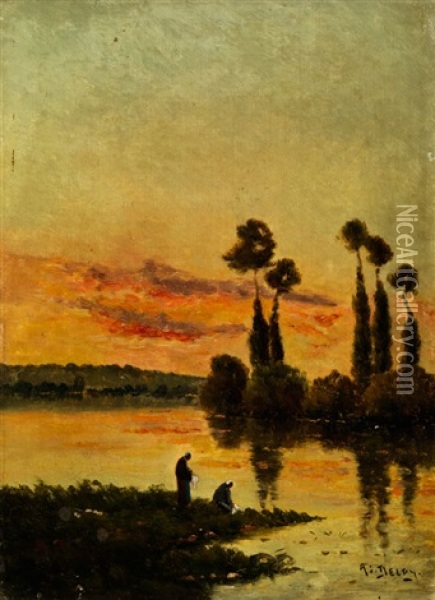 Abendliche Flusslandschaft Mit Pappeln Und Zwei Wascherinnen Am Ufer Oil Painting - Hippolyte Camille Delpy