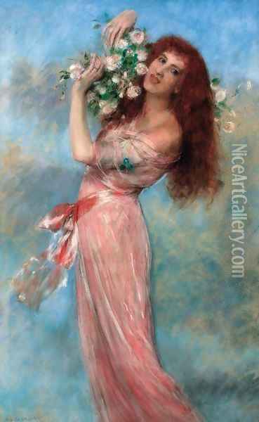 A young beauty holding a bouquet of roses Oil Painting - Pierre Carrier-Belleuse