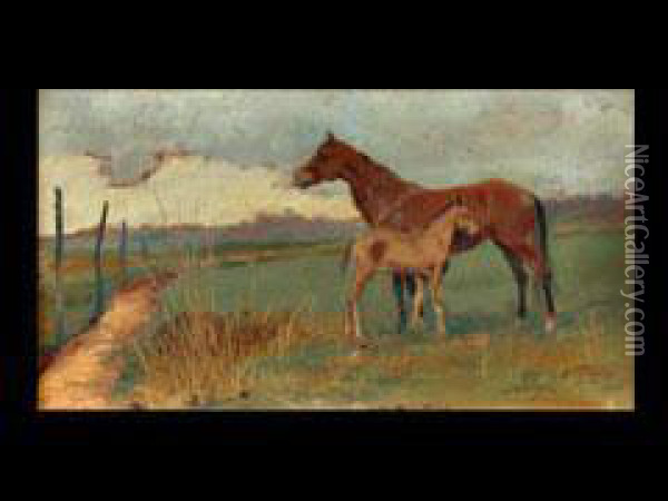 Stute Und Fohlen In Campagnalandschaft Oil Painting - Luigi Norfini
