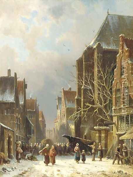 A busy street in winter Oil Painting - Adrianus Eversen