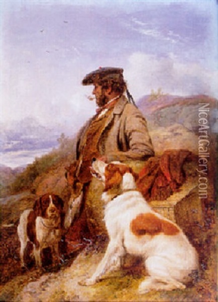 A Ghillie, A Llelwyn Setter And A Liver And White Pointer On A Hill Oil Painting - Richard Ansdell