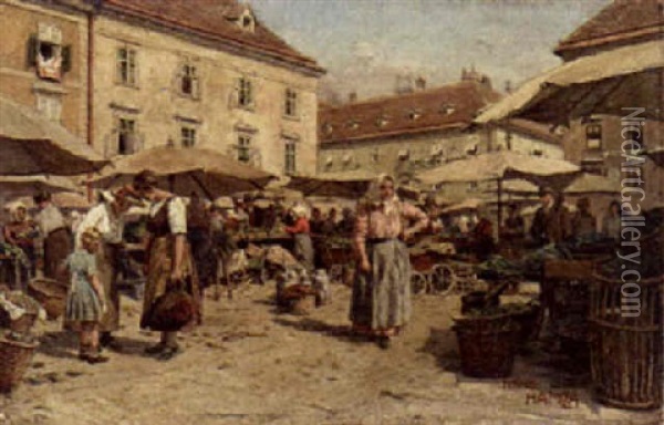 A Busy Marketplace Oil Painting - Hans Hamza