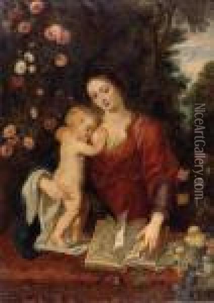 Madonna Mit Kind Und Buch In Rosen Und Landschaft Oil Painting - Peter Paul Rubens