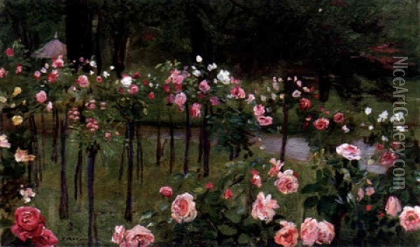 Parkinterior Med Rosa Uppstammade Rosor Oil Painting - Franz Von Matsch
