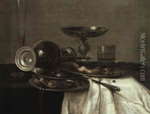 A Still Life Of Pewter Vessels Including A Platter With A   Trout Dressed With Capers, A Flute Of Wine And A Pocket Oil Painting - Willem Claesz Heda