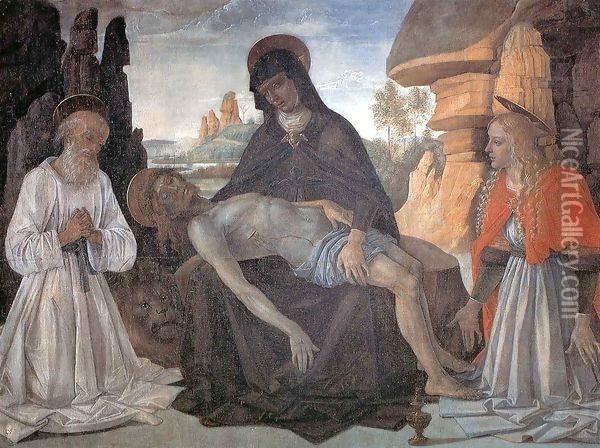 Pieta with Saint Jerome and Mary Magdalene Oil Painting - Pietro Vannucci Perugino