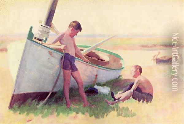 Two Boys by a Boat - Near Cape May Oil Painting - Thomas Pollock Anschutz