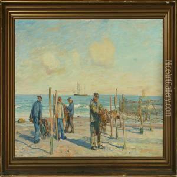 Fishermen Sorting Out The Nets On The Beach Oil Painting - Borge C. Nyrop