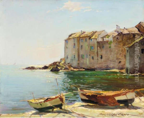 Fishermen's Houses In Erbalunga, Corsica Oil Painting - Constantin Alexandr. Westchiloff