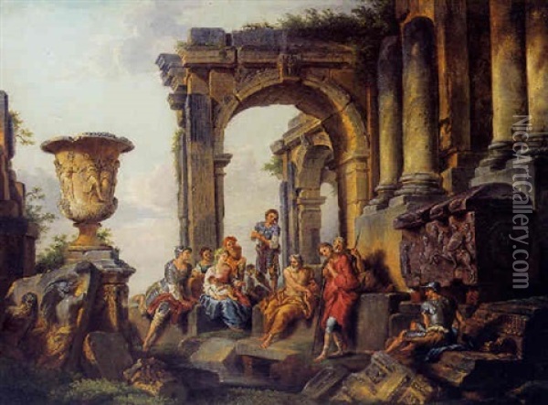 Ruines Romaines Avec Soldats En Discussion Avec Un Philosophe Oil Painting - Giovanni Paolo Panini