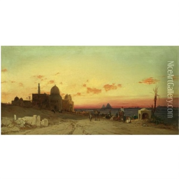 A View Of The Tomb Of The Caliphs With The Pyramids Of Giza Beyond, Cairo Oil Painting - Hermann David Salomon Corrodi