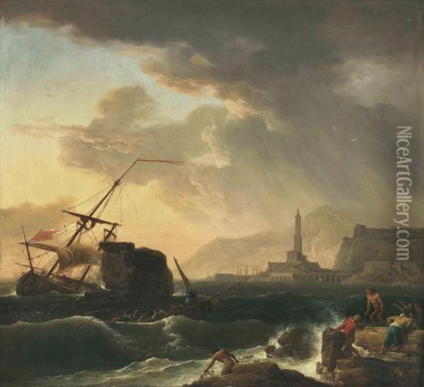 A Shipwreck With Figures Coming Ashore Oil Painting - Claude-joseph Vernet
