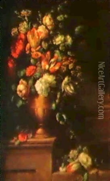 Ein Blumenstraub In Einer Steinvase In Einem Schlobpark Oil Painting - Pieter Casteels III
