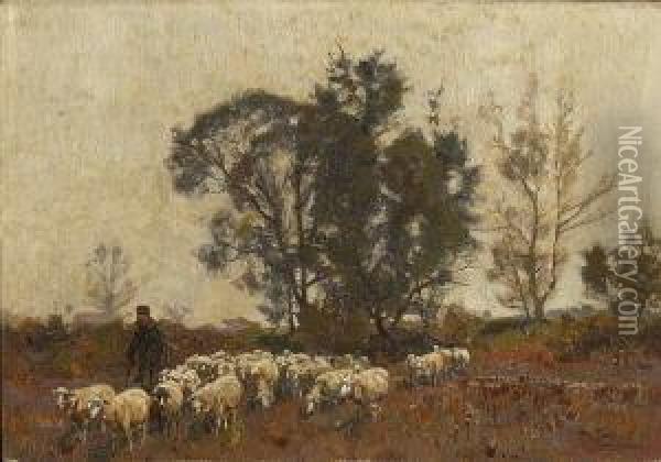 Schafer Mit Herde. Oil Painting - Otto Struttzel