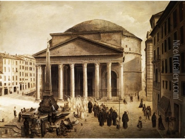 Ansicht Des Pantheons In Rom Mit Einer Prozession Im Vordergrund Oil Painting - Joseph Langl
