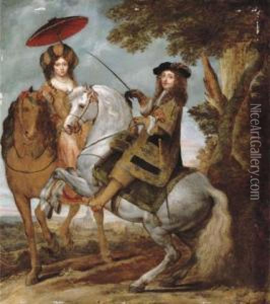 An Equestrian Portrait Of An 
Elegant Gentleman And Lady In A Wooded Landscape, A Village Beyond Oil Painting - Gonzales Cocques