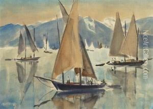 Segelboote Am Gebirgssee. Oil Painting - Otto Lange