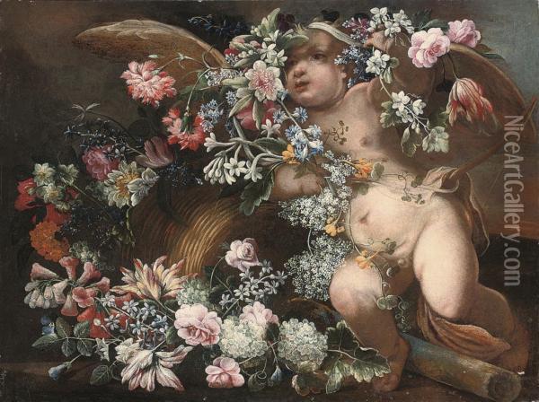 Cupid Disporting Amongst A Garland Of Flowers In A Landscape Oil Painting - Felice Fortunato Biggi Dei Fiori