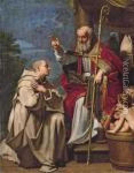 Saint Nicholas With The Three School Children And A Carthusian Monk Oil Painting - Michele Desubleo