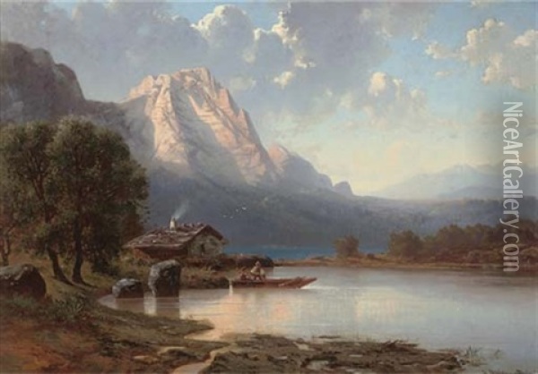 Fishing In The Lake In A Mountainous Landscape Oil Painting - Adolf Dressler
