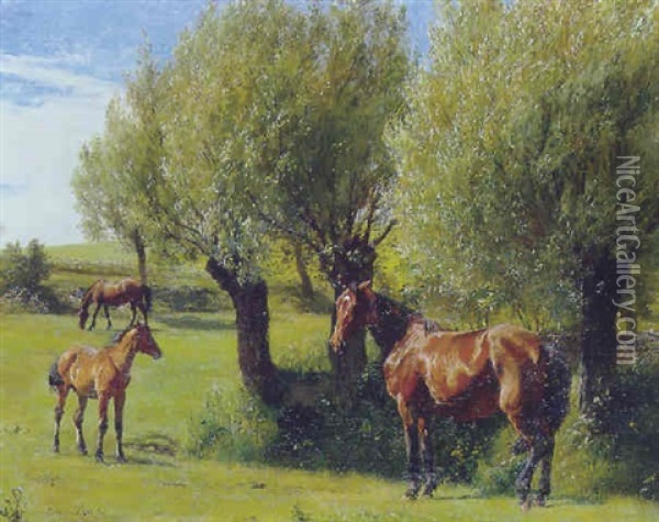 Heste Pa Engen Oil Painting - Otto Bache