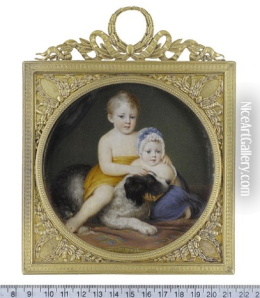 Two Young Boys, Seated On A Carpet Before Dark Blue Drapery With Their St. Bernard: The Elder Boy In Ochre-colored Shawl, Seated On The Dog's Back... Oil Painting - Emilie Lachaud De Loqueyssie