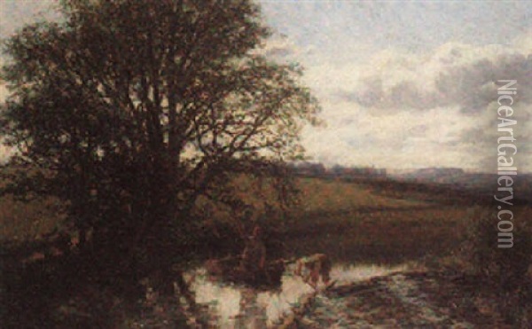 Meadow Scene, At Carsie Bridge, Near Blairgowrie Oil Painting - David Farquharson