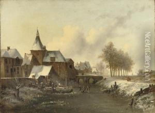 Townspeople On The Ice Near A Church Oil Painting - George Pieter Westenberg