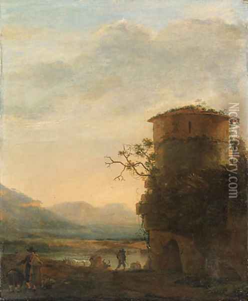 Peasants and cattle beside a tower in an extensive landscape Oil Painting - Jan Asselyn