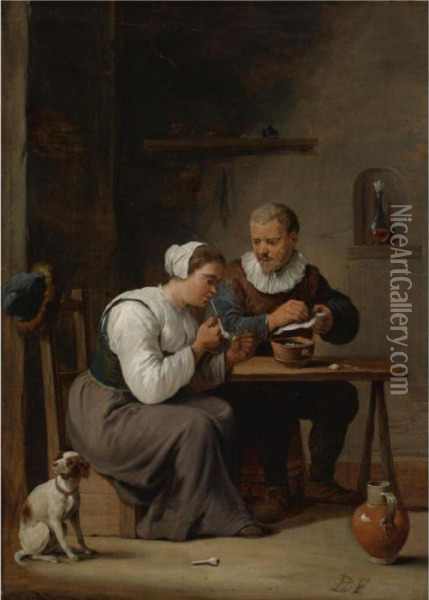 Interior With A Man And Woman Seated At A Table, The Woman Lighting A Pipe Oil Painting - David The Younger Teniers