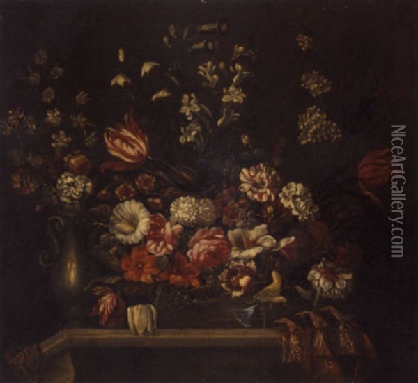 A Still Life Of Flowers In A Basket And A Vase On A Ledge Oil Painting - Pieter Hardime