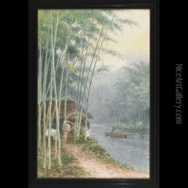 Figures By A Riverside Bamboo Grove Oil Painting - Tokusaburo Kobayashi