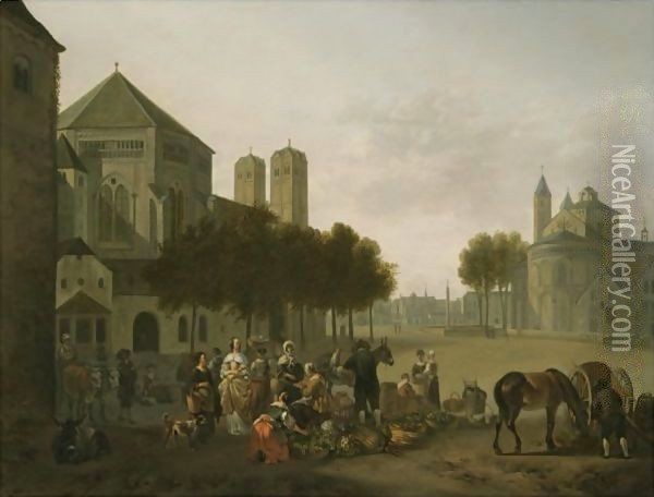 Cologne A Capriccio View Of The Churches Of Sankt Gereon And Sankt Aposteln, With A Market Scene In The Foreground Oil Painting - Gerrit Adriaensz Berckheyde
