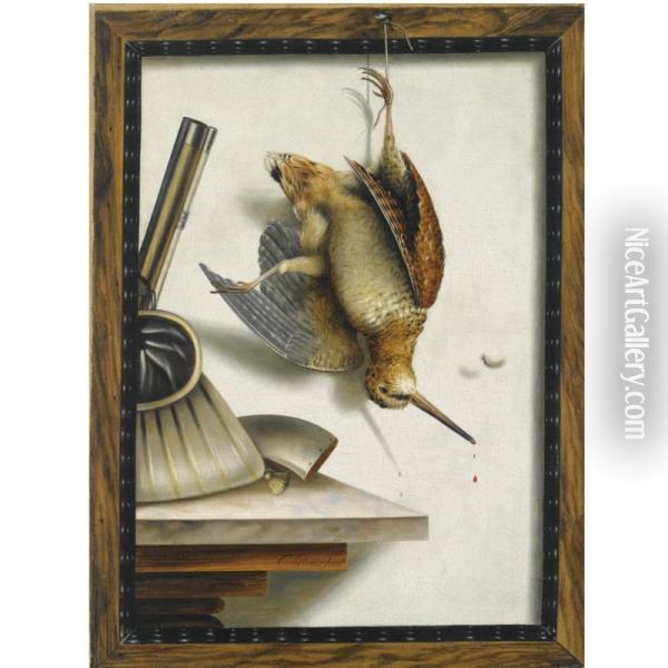A Woodcock And Hunting Equipment, All Framed In A Partly Ebonised Wood Frame Oil Painting - Cornelis V. Bilt Der Biltius