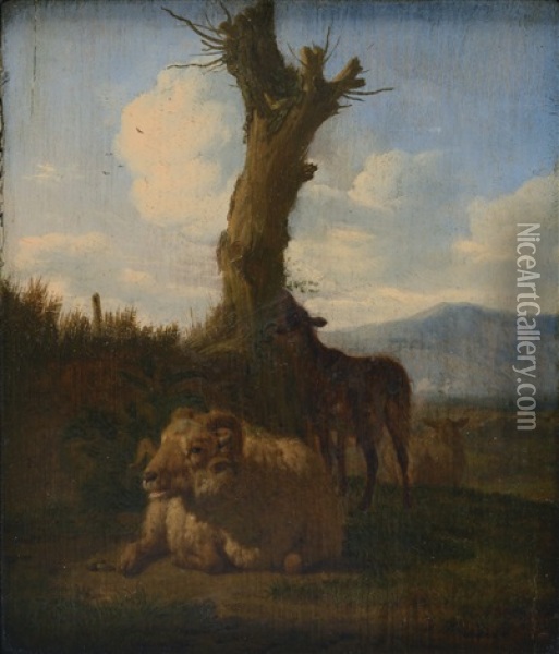 Italianate Landscape With A Ram, Other Sheep And A Dead Tree Oil Painting - Adriaen Van De Velde