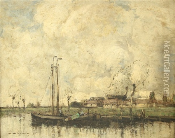 Moored Barge Near Renkum Oil Painting - Paul Joseph Constantin Gabriel