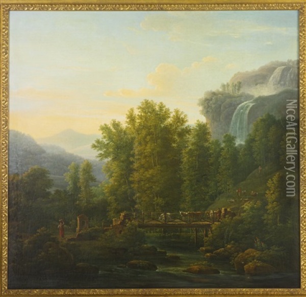 An Arcadian Landscape With Cattle And Drovers, A Waterfall In The Distance Oil Painting - Jean Victor Bertin