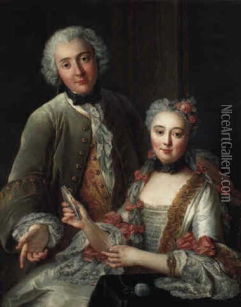 Portrait Of Francois De Jullienne Standing Beside His Wife Oil Painting - Charles-Antoine Coypel