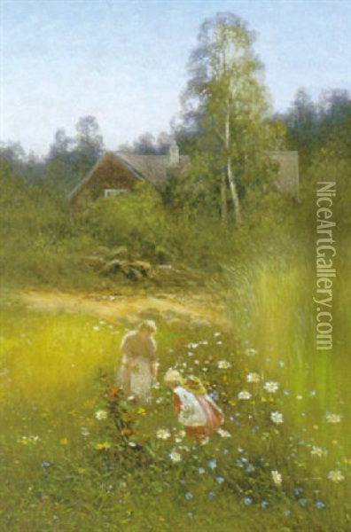 Blomsterplockande Flickor Oil Painting - Johan Severin Nilsson