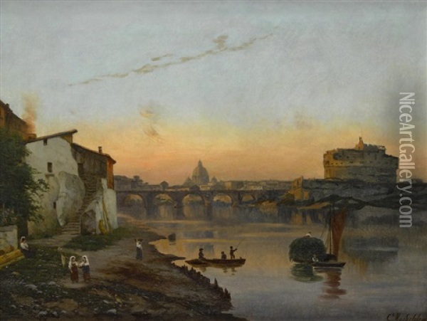 A View Of St. Peter's Basilica And Castel Sant'angelo, Rome Oil Painting - Bernhard Karl Mackeldey