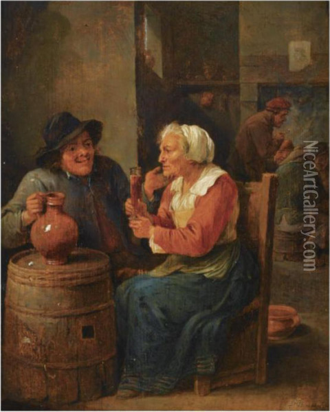 An Interior Scene With A Man And An Elderly Woman Oil Painting - David The Younger Teniers