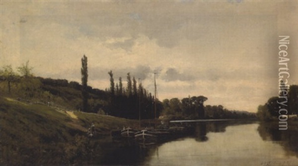 Peniches Dans Un Paysage Fluvial Oil Painting - Gustaf Adelsward