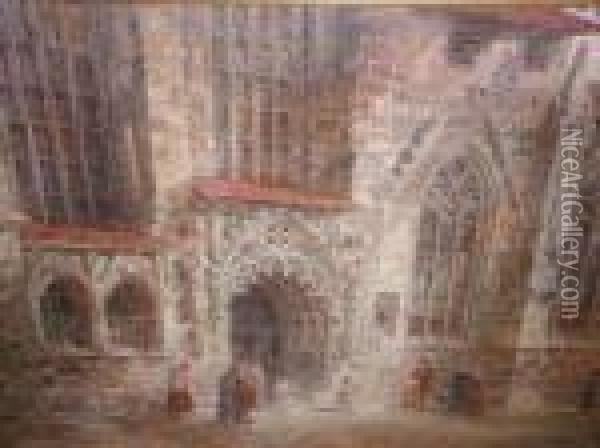 Large Architectural Study Of A Gothic Church Exterior, Withwedding Party Emerging To Foreground Oil Painting - Wyke Bayliss
