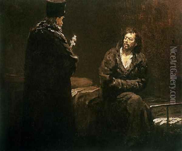 Refusal of Confession, 1879-85 Oil Painting - Ilya Efimovich Efimovich Repin