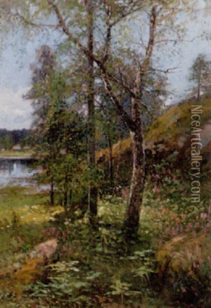 Insjolandskap - Solig Vardag Oil Painting - Johan Severin Nilsson