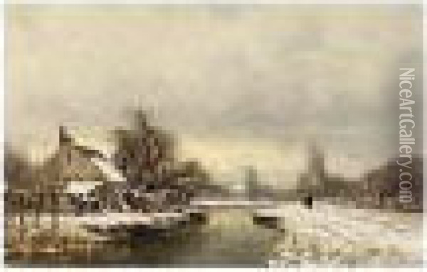 A Winter Landscape With A House On The Waterfront Oil Painting - Louis Apol