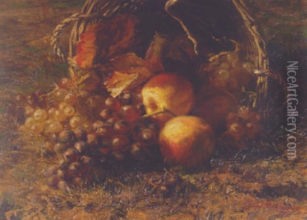 Grapes And Apples In An Overturned Basket On A Forest Floor Oil Painting - Gerardina Jacoba van de Sande Bakhuyzen